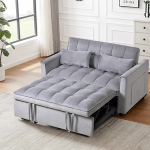3 in 1 Convertible Velvet Futon Loveseat Sleeper Sofa Bed w/ Pillows & Pockets - Picture 1 of 11