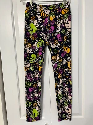 LEGGINGS LuLaRoe OS Talla Única CABEZAS ESQUELETO Negro Rosa Neón Verde Suave Elástico Foto 1 de 3