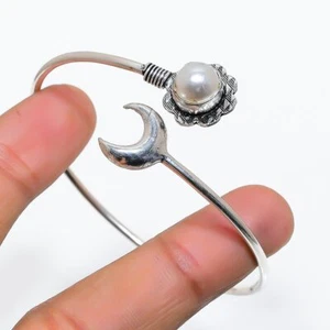 Pearl Gemstone Handmade 925 Solid Sterling Silver Cuff Bangle Adjustable V815 - Picture 1 of 4