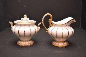 Antique Meissen Germany X Form Footed Gold Gilt Creamer Jug Sugar Jar Set - Picture 1 of 13