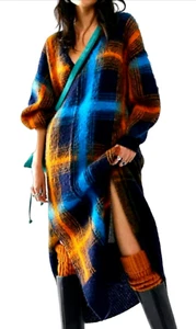 NEW FREE PEOPLE COZY KALEIDOSCOPE PLAID MAXI V-NECK WOOL SWEATER DRESS SZ S - Picture 1 of 11