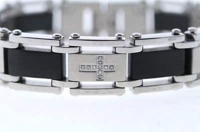 Мужской браслет с крестом 1/4 карата с подлинными бриллиантами двухцветный черный нержавеющая сталь - Изображение 1 из 4