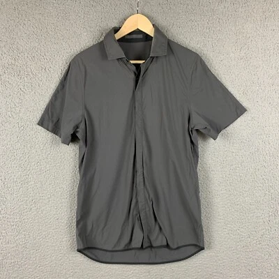 Lululemon Mens Shirt Gray Striped Short Sleeve Button Up Gusset Performance - Image 1 of 4