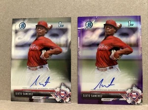 2017 Bowman Chrome Purple And Silver Refractor Sixto Sanchez Auto 1st Two Cards - Picture 1 of 2