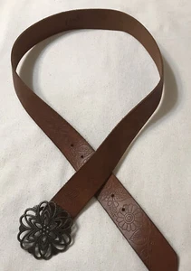 Vintage Bonbons braun Ledergürtel florales Design messingfarbene Schnalle USA XL #48425 - Bild 1 von 12