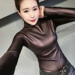 Fashion Ladies Faux Leather Sexy Basic Pullover Blouse Slim Elastic Tops Casual - Picture 1 of 14