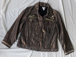 Chico’s Gold Shimmer Glitz Embellished Beads Sequins Lined Cotton Button Jacket - Picture 1 of 9