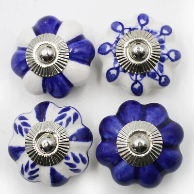 Möbelknöpfe Set 4 Stk Möbelgriffe Keramik Knöpfe Griffe Möbelknopf  Blau Weiß - Bild 1 von 4