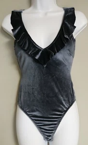 WYLDR WOMEN'S DUSTY BLUE BODY SUIT VELOUR VELVETY DEEP V-NECK RUFFLE OPEN BACK - Picture 1 of 8