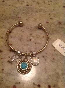 Lucky Brand Gold Tone, Turquoise, Starfish & Pearl Charm Cuff Bracelet, NWT - Picture 1 of 2