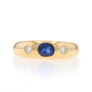 Yellow Gold Sapphire Diamond Band - 18k Oval .90ctw Three-Stone Ring - Picture 1 of 9