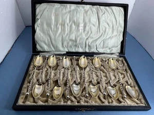 12 STUNNING BOXED ANTIQUE LATE 19TH C. NORWAY SILVER DAVID ANDERSEN SPOONS - Picture 1 of 17