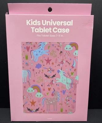 Kids Universal Tablet Case Magnetic Closing Clasp Pink Rainbows & Unicorns - Image 1 of 4