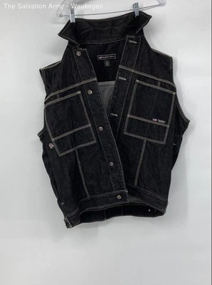 Brooklyn Xpress Mens Black Cotton Pockets Denim Button Front Vest Size Large - Image 1 of 4