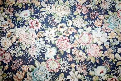 PINK.  BLUE AND WHITE MASSED BLOOMS ON BLUE-JOAN KESSLER - 100% COTTON FABRIC - Image 1 of 4