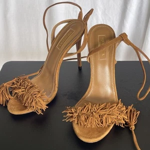 Aquazzura Wild Thing Fringe Suede Tassel High Heel Sandals in brown US Size 6.5 - Picture 1 of 18