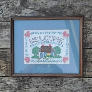 Vintage Cross Stitch Bucilla Welcome Home Picture Framed Cottage Core Finished - Picture 1 of 5