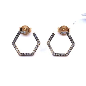 18K Rose Gold Flat Hoop Stud Earrings | Dazzling Natural White & Cognac Diamonds - Picture 1 of 6