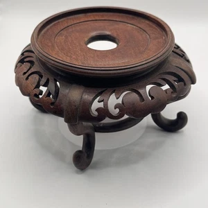 Vintage Chinese Hand Carved Wood Vase Stand Brown Approx 4" Diameter - Picture 1 of 8
