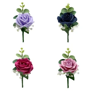 Artificial Wedding Flowers, Single Foam Rose Buttonhole Eucalyptus & Gypsophila - Picture 1 of 29