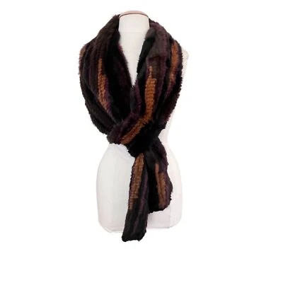 Belle Fare Salo Genuine Mink Fur Knit Pull Thru Scarf Brown Purple Gold 60" - Image 1 of 4