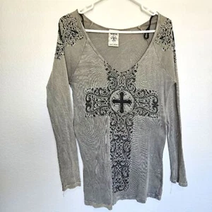 Vocal | Ribbed Embellished Rhinestone Cross Made In USA Top, Large - Picture 1 of 7