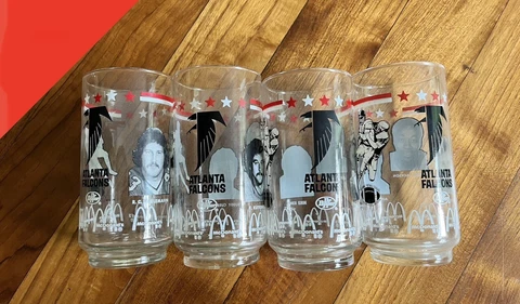 ATLANTA FALCONS SET OF 4 DRINKING GLASSES 1982 McDonalds MSA NFL Dr Pepper Cover