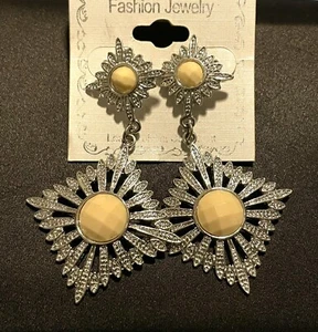 New! Stunning Silver Runway Dangle Earrings with Pastel Yellow Accent - Picture 1 of 4