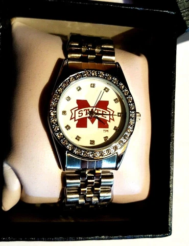 MISSISSIPPI STATE BULLDOGS Womens Watch Boyfriend Style Rhinestone Accent Face Cover