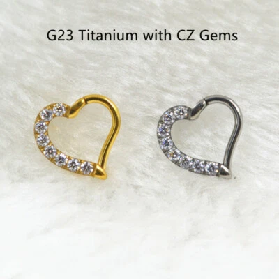 10pc G23 Titanium CZ Heart Earring Tragus Daith Ring Nose Clicker Body Piercing  - Image 1 of 4