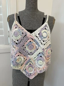 Vintage Hand Crochet Granny Square Flower Tank Top Pastel Rainbow XL XXL 16 18 - Picture 1 of 12