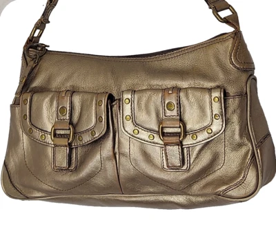 Bolso de Hombro Hobo Pequeño Dorado Champán Cuero Fossil Metálico Y2K Foto 1 de 4