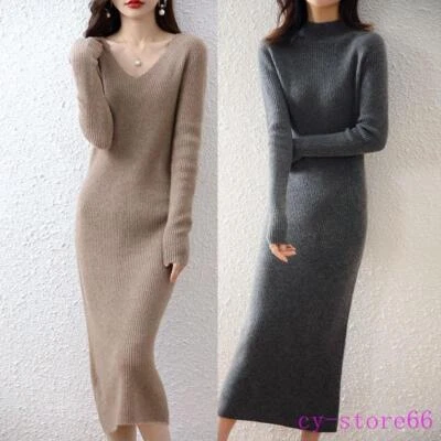 Damas 100% Cachemira Tejido Suéter Vestido Informal Elástico Lana Maxi Faldas Largas Foto 1 de 4