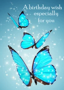 FEMALE LADIES HAPPY BIRTHDAY GREETINGS CARD BEAUTIFUL BLUE BUTTERFLIES - Picture 1 of 1