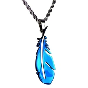 Blue Feather Necklace 316L Stainless Steel Bird Falcon Crow Raven Pendant Chain - Picture 1 of 4