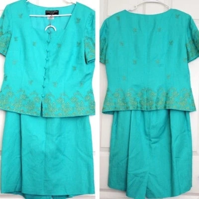Donna Morgan Vintage Skirt Suit Linen Blend Floral Embroidered Green New - Image 1 of 4