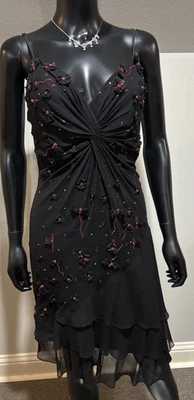 Женское платье миди Sue Wong Nocturne Vtg Y2K 6 черное шелковое с бисером банты струящееся б/у в отличном состоянии - Изображение 1 из 4