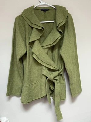 ELENA SOLANO Womens Boiled Wool Cardigan Ruffles Large Belted Fall - Image 1 of 4