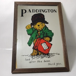 Paddington Bear Mirror 1970s Green Coat Wooden Frame 33x23 cm Retro Vintage - Picture 1 of 10