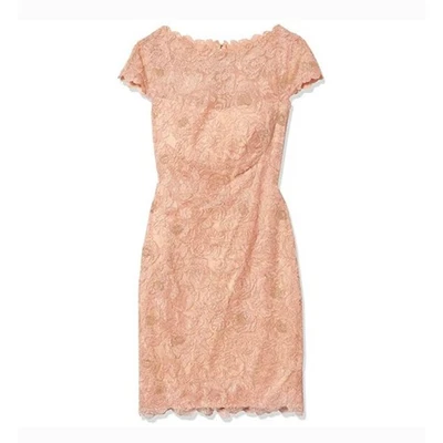 Tadashi Shoji Dress Sz 14 Pink Peach Lace Sheath Cocktail Party Romantic Elegant - Image 1 of 4