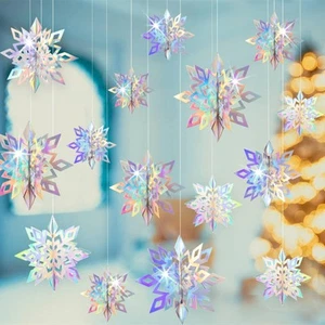 Christmas Hanging Snowflakes Decorations Clearance 15pcs 3D Iridescent Paper ... - Picture 1 of 9