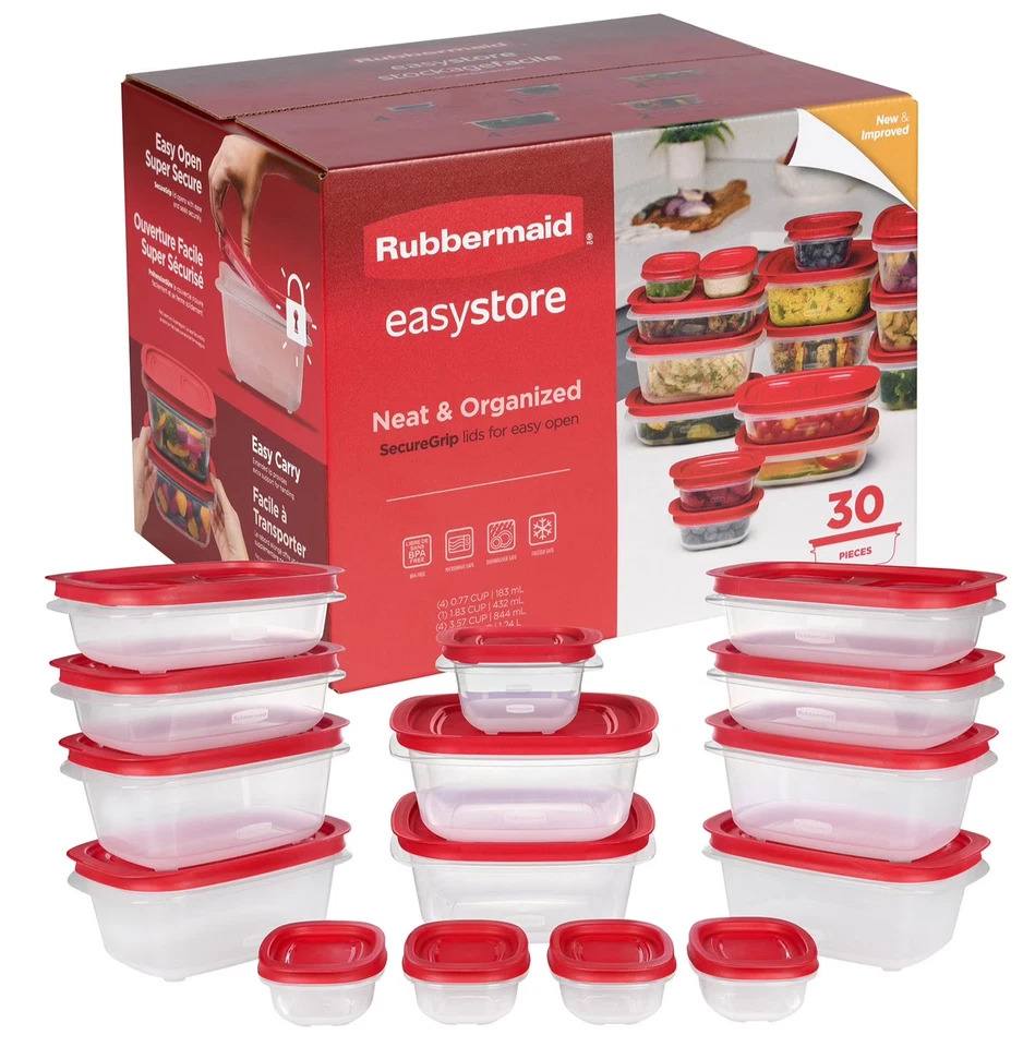 Rubbermaid EasyStore Contenedores de Almacenamiento de Alimentos con Tapas, Juego de 30 Piezas, Rojo - NUEVO Foto 1 de 4