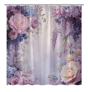 Purple Flower Shower Curtain Violet Vine Floral Blue Rose W/Hooks 70”x70” - Picture 1 of 4