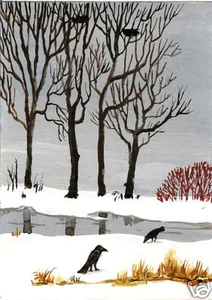 ACEO CROW RYTA LANDSCAPE XMAS print of painting winter VINTAGE STYLE FOLK Art 🎄 - Picture 1 of 1