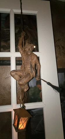Antique Hand Carved Rare Figural Pendant Lamp Of A Chimney Sweep With Lantern Cover