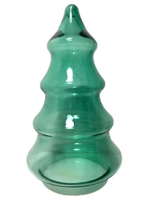 Vtg Green Glass Christmas Tree Jar 7.5” w/ Plastic Base Lid Holiday Decor EUC - Picture 1 of 7