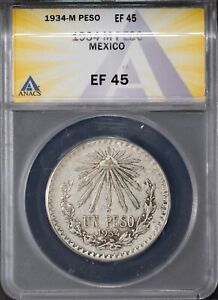 1934-M Un Peso 72% Silver Mexican Peso EF 45 ANACS # 7666103 + Bonus