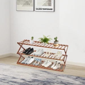 Foldable Shoe Rack Bamboo Shoe Stand 3-Tier Tan Shoe Storage Holder For Home - Picture 1 of 16
