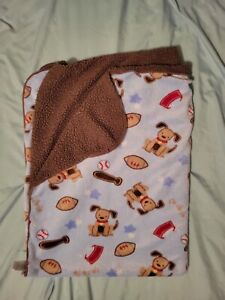 Just Born Blue Brown Dog Sports Baby Blanket Sherpa Back Football Baseball Boy