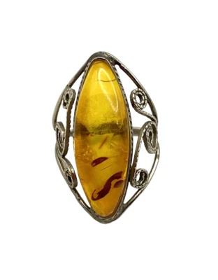 Anillo Filigrana Vintage Imitación Ámbar Tono Plata Talla 4 Remolino Disfraz Grueso Ancho Foto 1 de 4